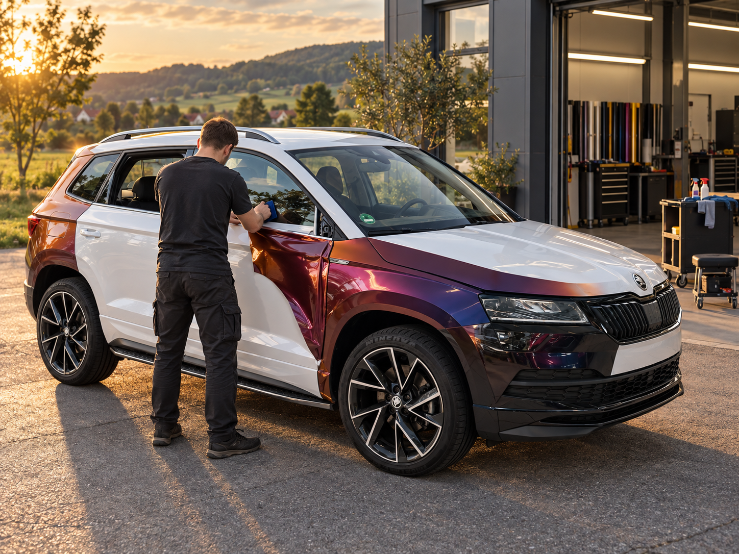 Wrapper applying colour-shift film to a car outside the workshop at sunset